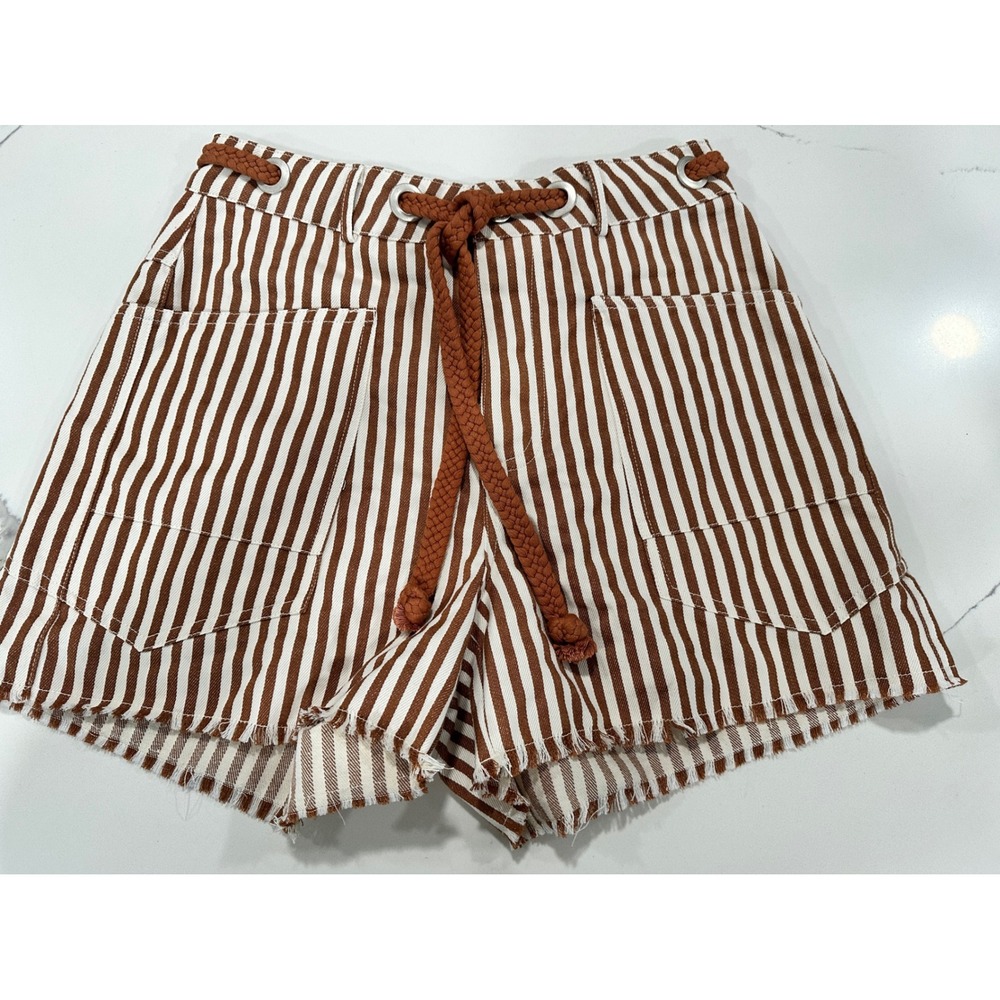 Ee:some Los Angeles Brown White Striped Shorts Rope Belt Raw Hem Small